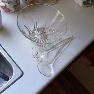 Crystal Salad Bowl 10 in x 5 1/2 in with Spoon and Fork Utensils